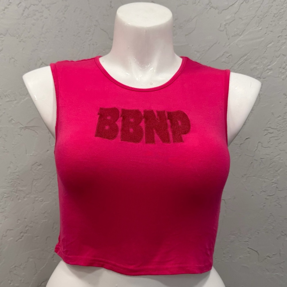 Barbells & Pizza Pink Crop Tank Top Womens XL Fitness Gym Athleisure Graphic